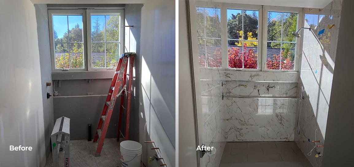 Before and after of a shower tile installation project in a bathroom