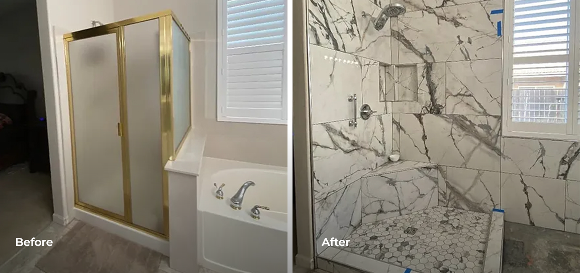 Before and after of a shower tile installation project in a bathroom