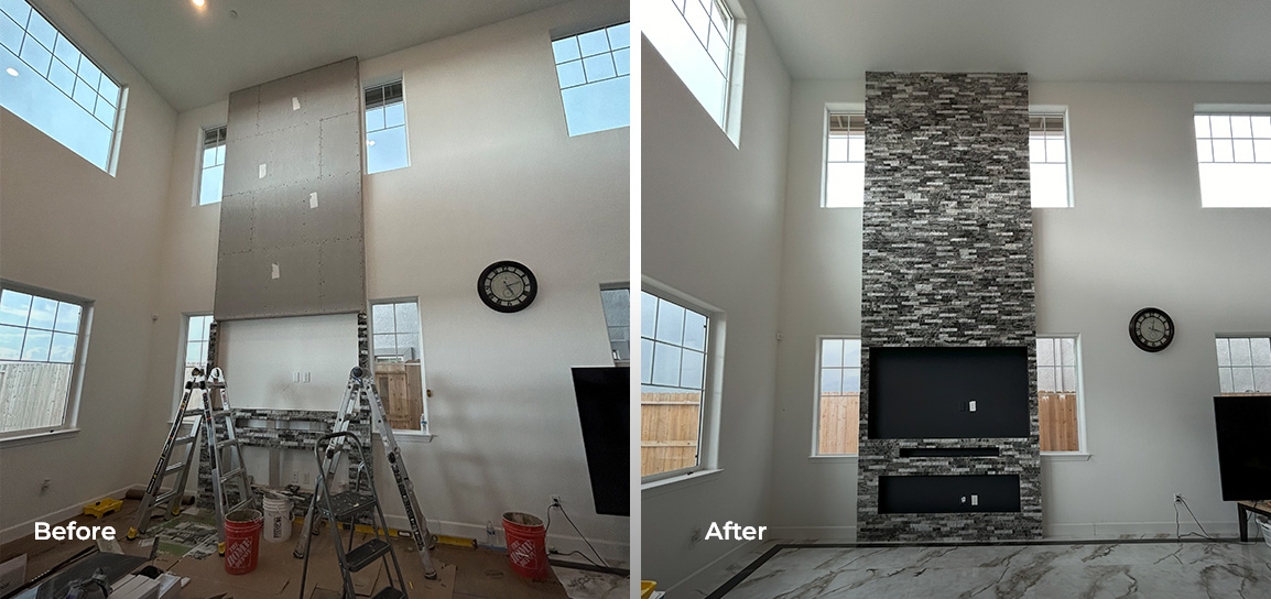 Before and after fireplace tile installation project in living room