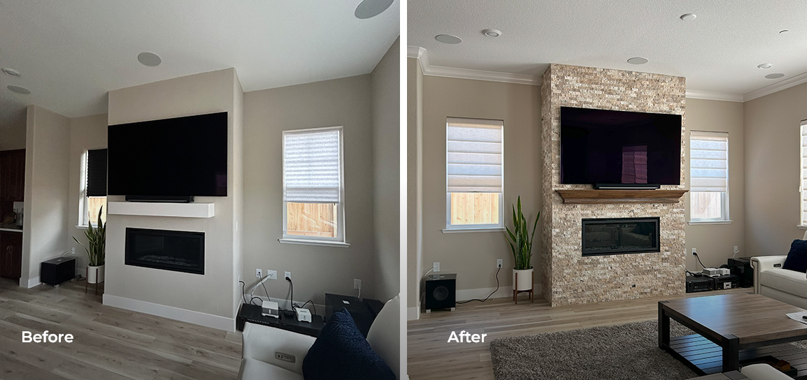 Before and after fireplace tile installation project in living room