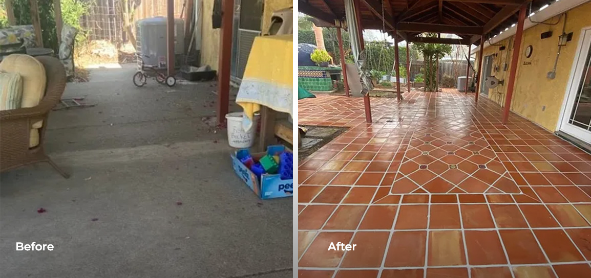 Before and after photo of outdoor patio tile installation